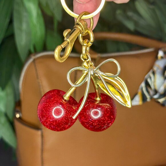 Red Sparkle Cherries Bag Charm w/ Gold Hardware and Gold Bow Accent 🍒 - Picture 1 of 2